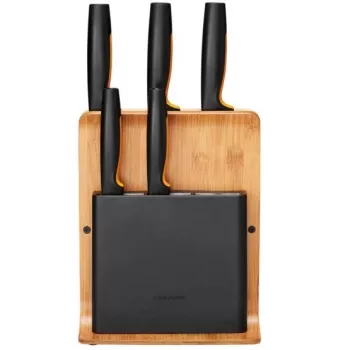 Nažu bloks ar spraugām Fiskars 1057552 — koka taisnstūra nažu bloks ar 5 spraugām, nerūsējošais tērauds, maksimālais naža garums 21,3 cm