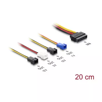 Barošanas kabelis DELOCK SATA 15-pin uz 4×2-pin ventilatoram (12V / 7V / 5V), 20 cm