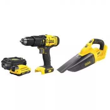Bezvada instrumentu komplekts STANLEY SFMCK219D1-QW — 18V (20V nominālais) Li‑Ion, 2 Ah akumulators, DCD709 urbjmašīna/skrūvgriezis, 6-daļīgs komplekts ar lādētāju, maciņu, LED gaismu
