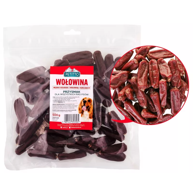 Suņu gardumi PETITTO Mīkstās liellopu gaļas desiņas 500 g — mīkstie treniņu našķi, 33% olbaltumvielu, 4% tauku, bez lipekļa un bez cukura
