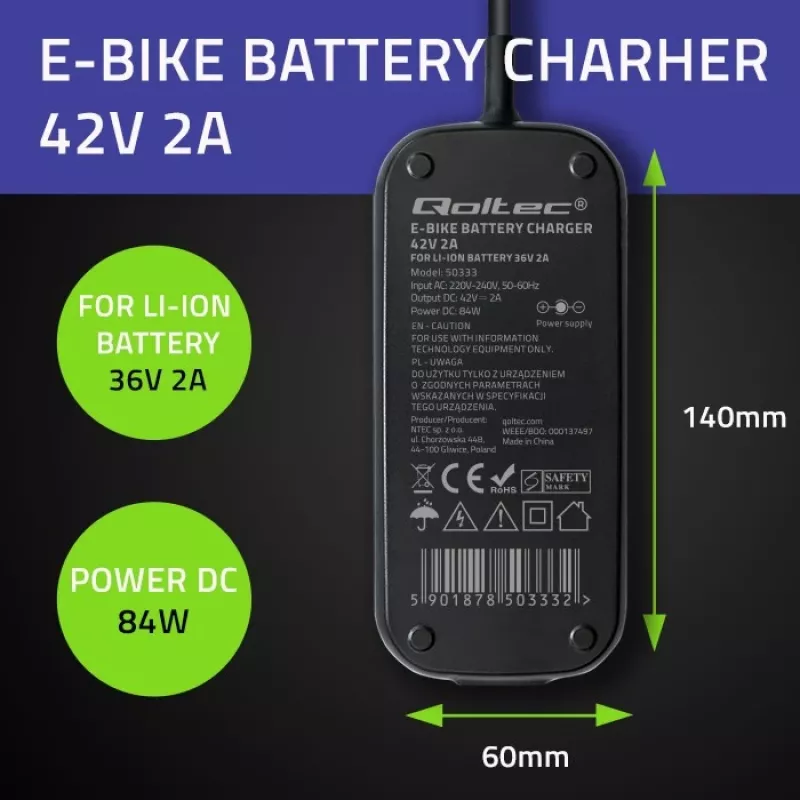 Qoltec ātrais lādētājs 36V elektriskajiem skrejriteņiem un velosipēdiem | 42V | 2A | 5.5*2.5 | ūdensizturīgs + strāvas kabelis