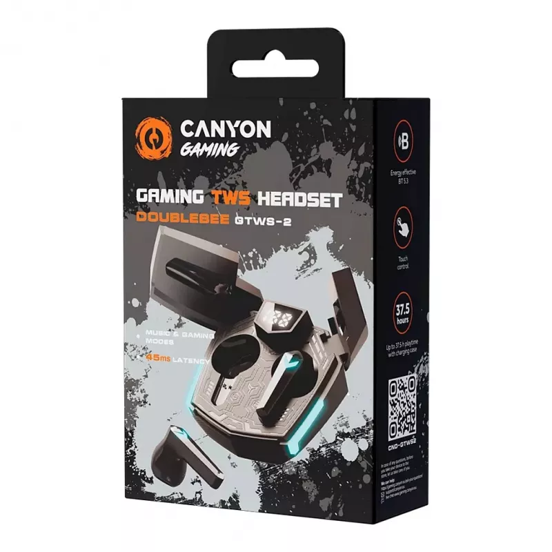 Canyon GTWS-2 Bezvadu austiņas ar auss āķi spēlēm USB Type-C Bluetooth uzlādes doks Melns (CND-GTWS2B)