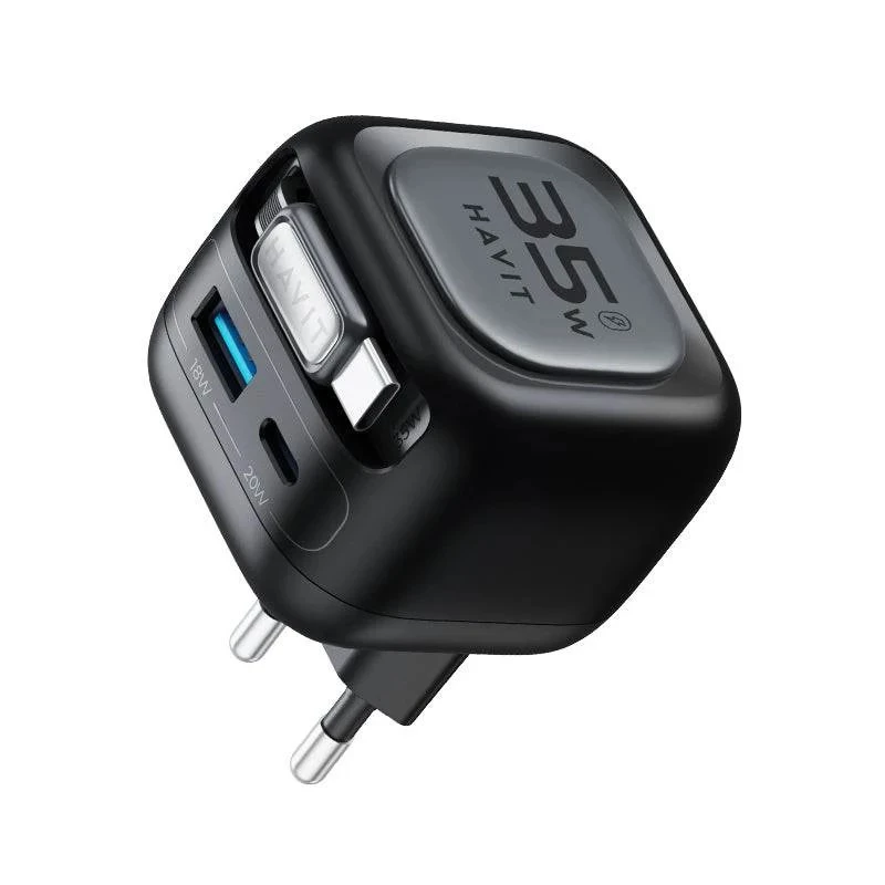 GaN ceļojumu lādētājs Havit UC250 A-EU 20V 1xUSB-C 0,7m melns