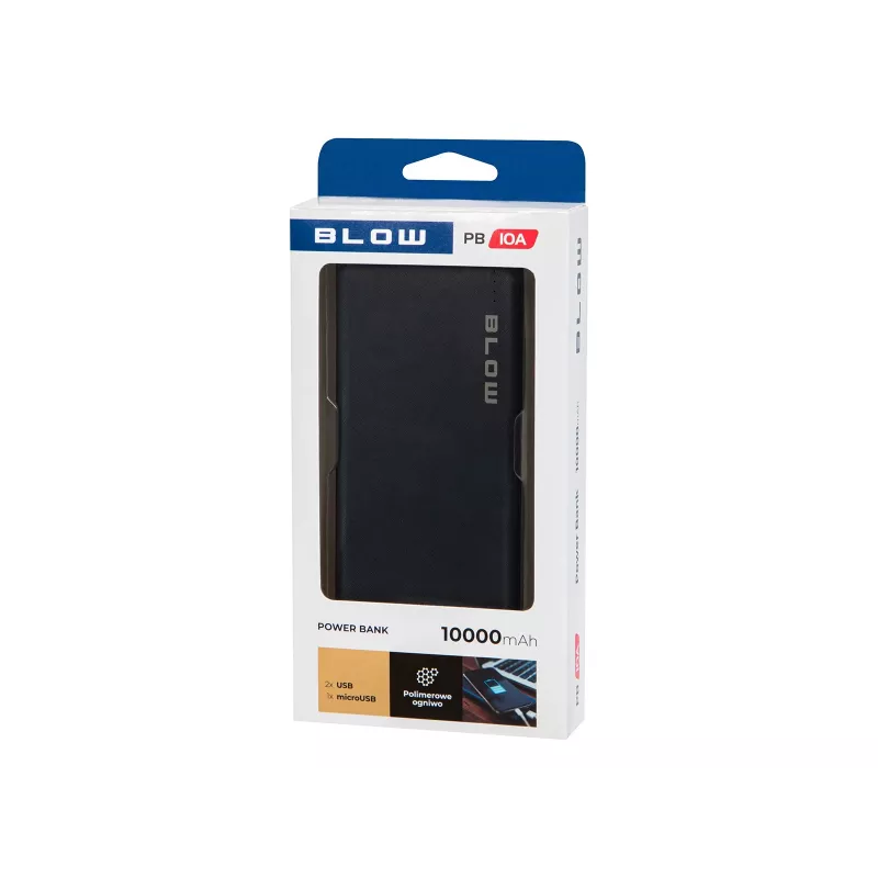 Pārnēsājams ārējais akumulators BLOW PB10A 10000mAh polimēra baterija, 2x USB-A izejas, 22,5W kopējā jauda, Micro‑USB ieeja, melns
