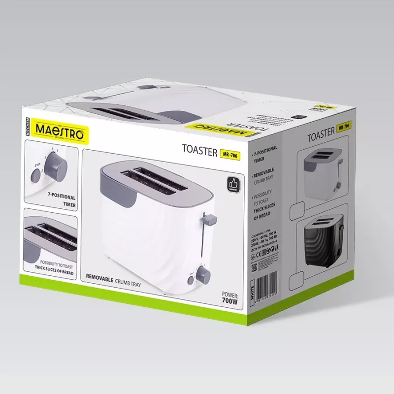Tosteris Maestro MR-706-balta, 2 šķēles, balts