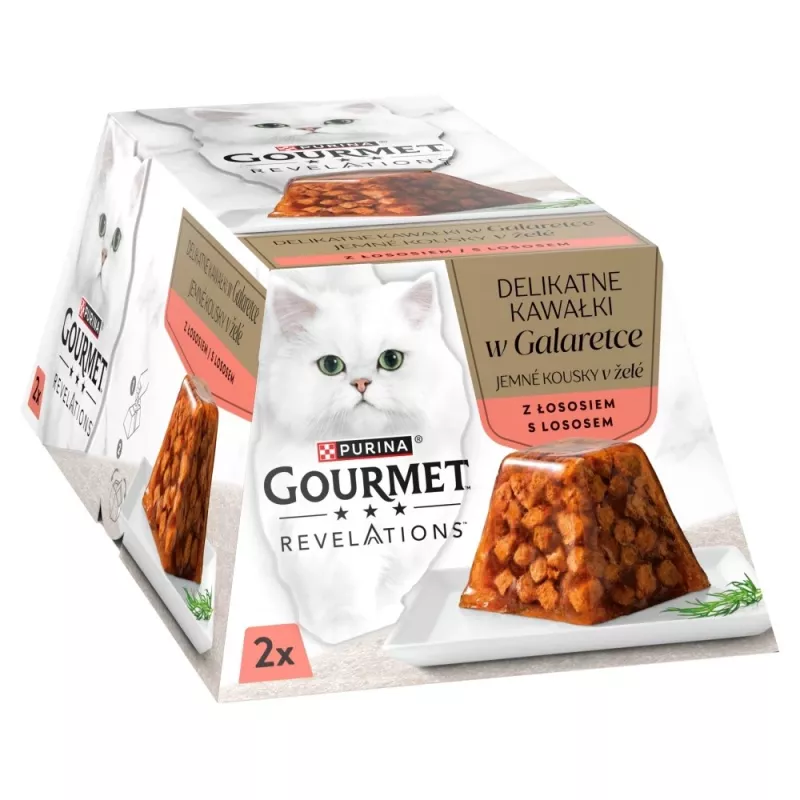 Mitrā kaķu barība Purina Nestlé Gourmet Revelations Gabaliņi želejā ar lasi 2x57 g, pieaugušiem kaķiem, pilnvērtīga barība