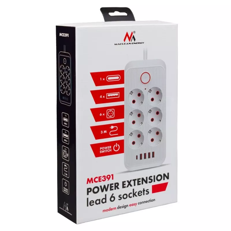 Strāvas sadalītājs MACLEAN MCE391 B – 6 rozetes, 4×USB-A + 1×USB-C, 110–240V, 2500W, 3 m kabelis, melns
