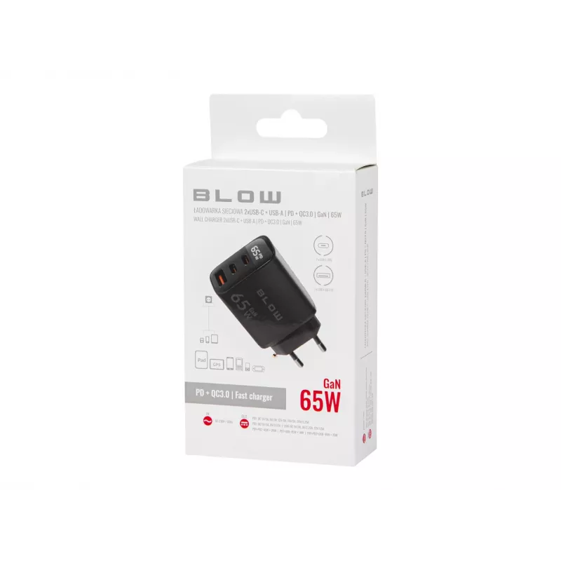 LCD sienas lādētājs USB ligzda + USB-Cx2 PD 65W GAN melns jaudas mērītājs