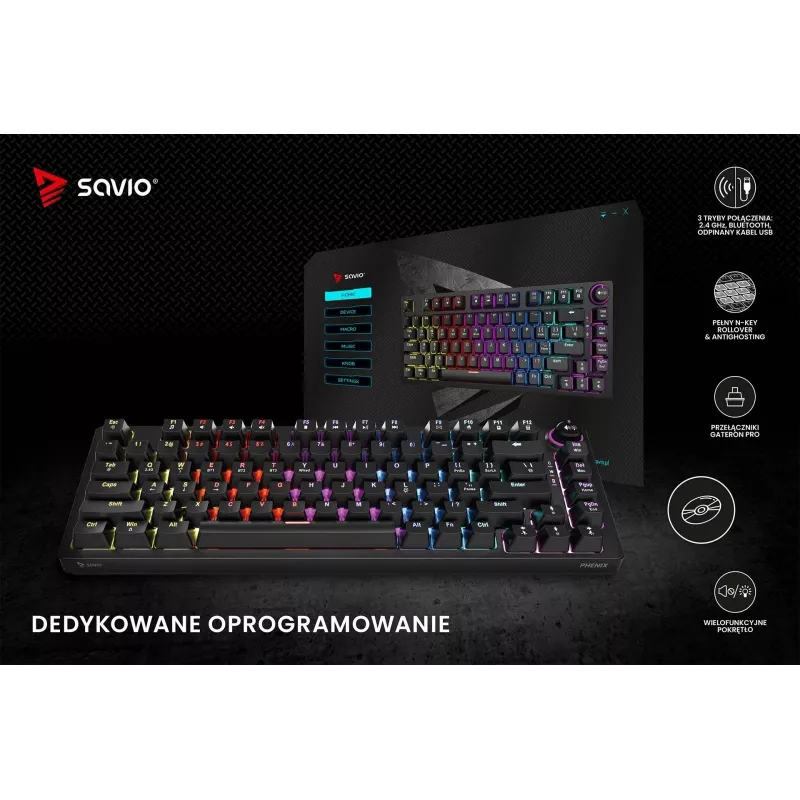 Savio Phenix SAVGK-RED spēļu tastatūra USB RF bezvadu Bluetooth QWERTY
