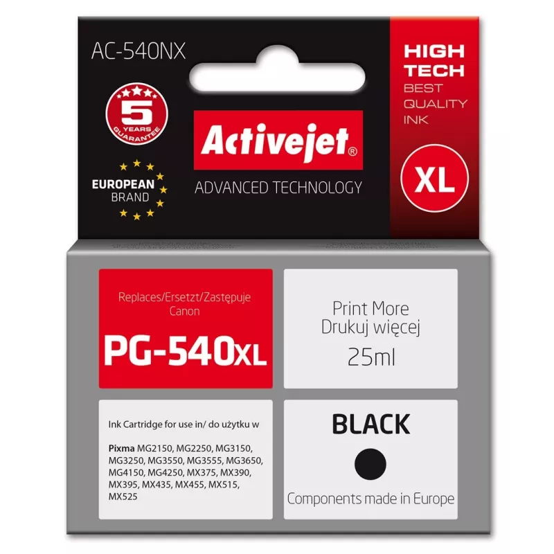 Activejet AC-540NX tinte Canon printerim (aizstāj Canon PG-540XL) Supreme, 25 ml, melna