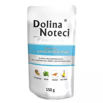 Mitrā suņu barība Dolina Noteci Jēra gaļa Pieaugušiem suņiem 150 g paciņa, 12% olbaltumvielu, 7,5% tauku, bez graudiem