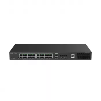 Pārvaldāms slēdzis RUIJIE RG-ES228GS-P — 26x Gigabit RJ-45, 24x PoE porti, 370 W PoE budžets, 2x SFP, metāla korpuss montāžai plauktā