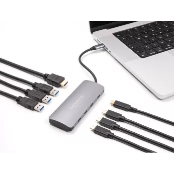 USB-C centrmezgls DELOCK 64323 — USB 3.2 Gen 2 Type-C resursdators, HDMI + 2× USB-A + 2× USB-C, 10 Gbit/s, pelēks