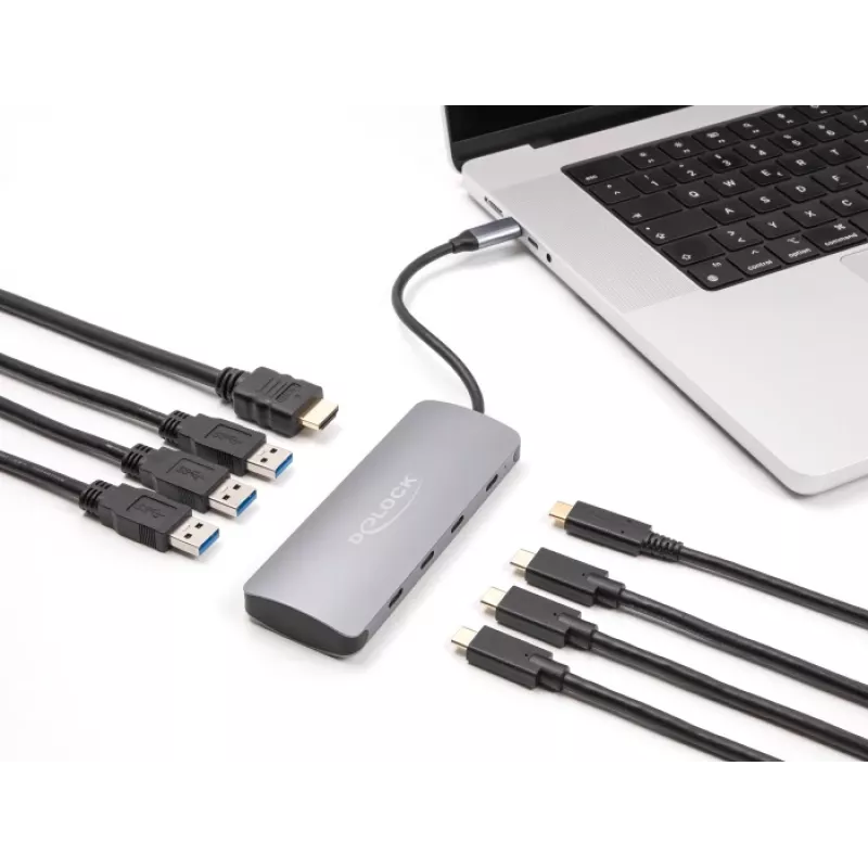 USB-C centrmezgls DELOCK 64323 — USB 3.2 Gen 2 Type-C resursdators, HDMI + 2× USB-A + 2× USB-C, 10 Gbit/s, pelēks