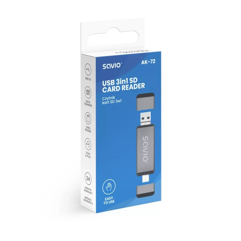 SD karšu lasītājs 3-in-1, USB-C + USB-A 2.0 + Micro USB