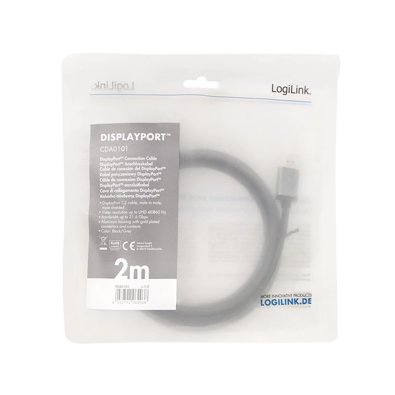 DisplayPort kabelis LogiLink CDA0101 2 m melns pelēks