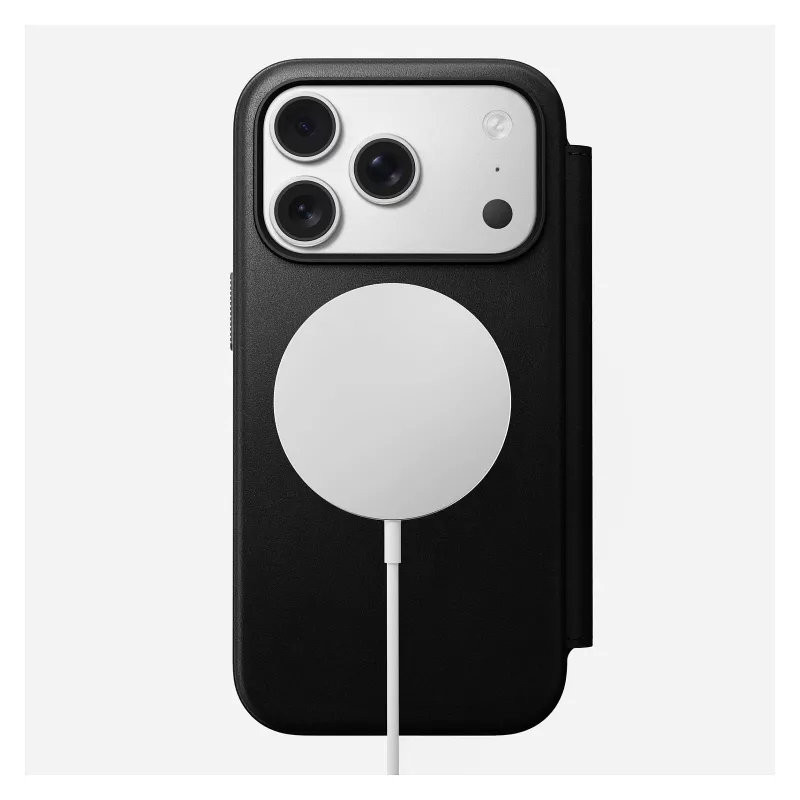 Mobilā tālruņa ādas vāciņš Nomad Modern Leather Folio Cover iPhone 17 Pro, 16 cm (6,3 collas), melns, 4 karšu kabatiņas