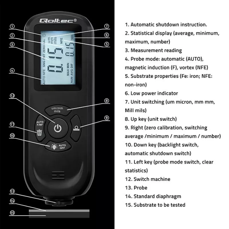 Pārklājuma biezuma mērītājs QOLTEC 50646 LCD 0–2000 µm