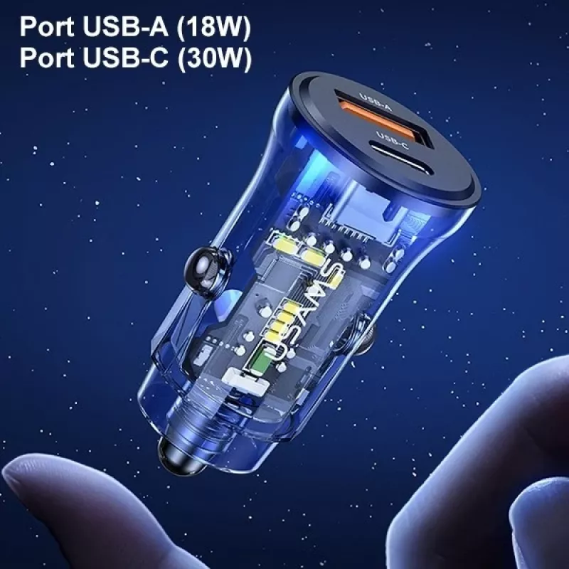 Auto lādētājs usams CC164CC01 30W ar 1×USB-A un 1×USB-C ātrai uzlādei