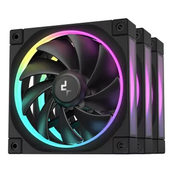 120 mm PC ventilators DeepCool FL12 3-in-1 Melns, 120×25 mm, 2150 RPM, Fluid Dynamic Bearing, PWM, 55 CFM, 32 dB, 3 gab. iepakojums