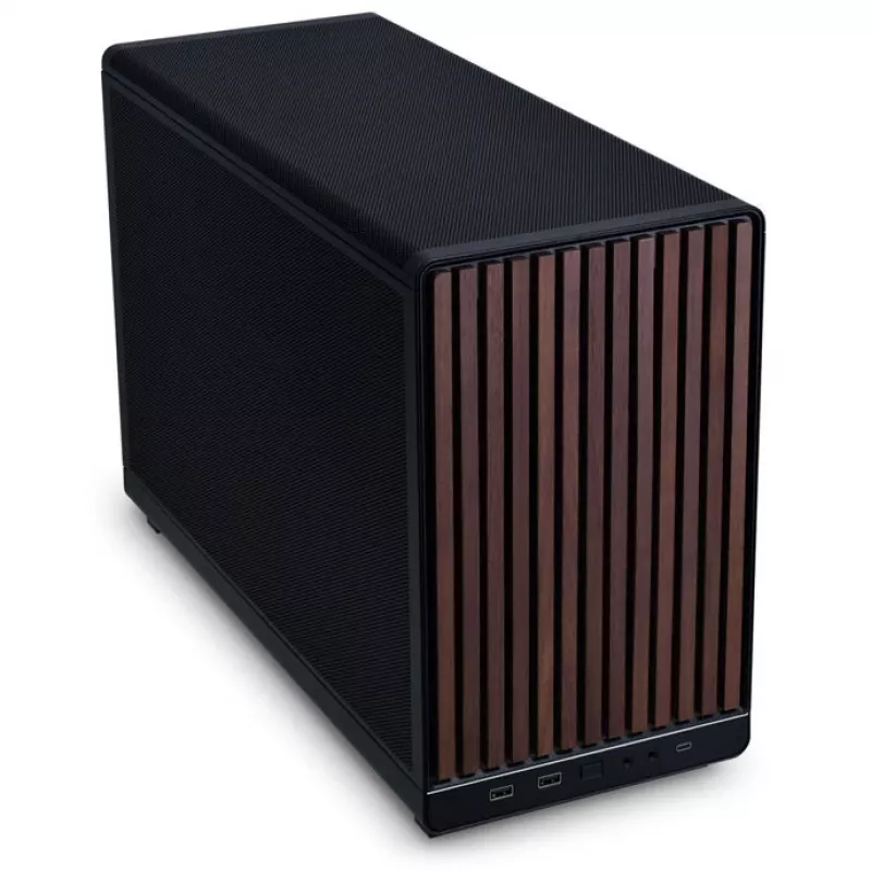 Mini-ITX/mATX PC korpuss Lian Li A3-mATX Wood Edition — valrieksta priekšējais panelis, melna šasija