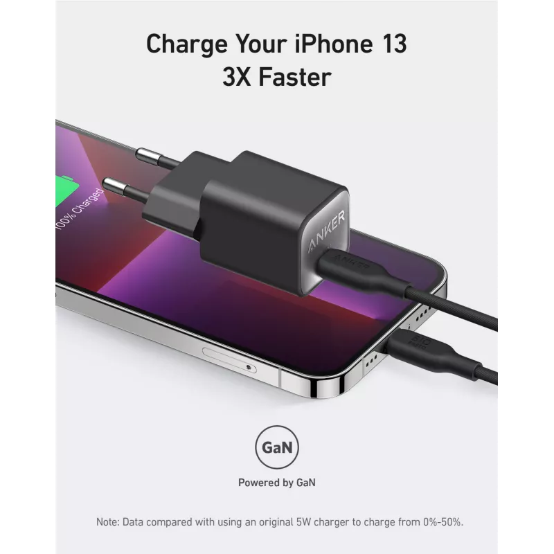 Iekštelpu maiņstrāvas lādētājs Anker 511 Nano 3 — 30W, 1× USB-C, 100–240V, Melns