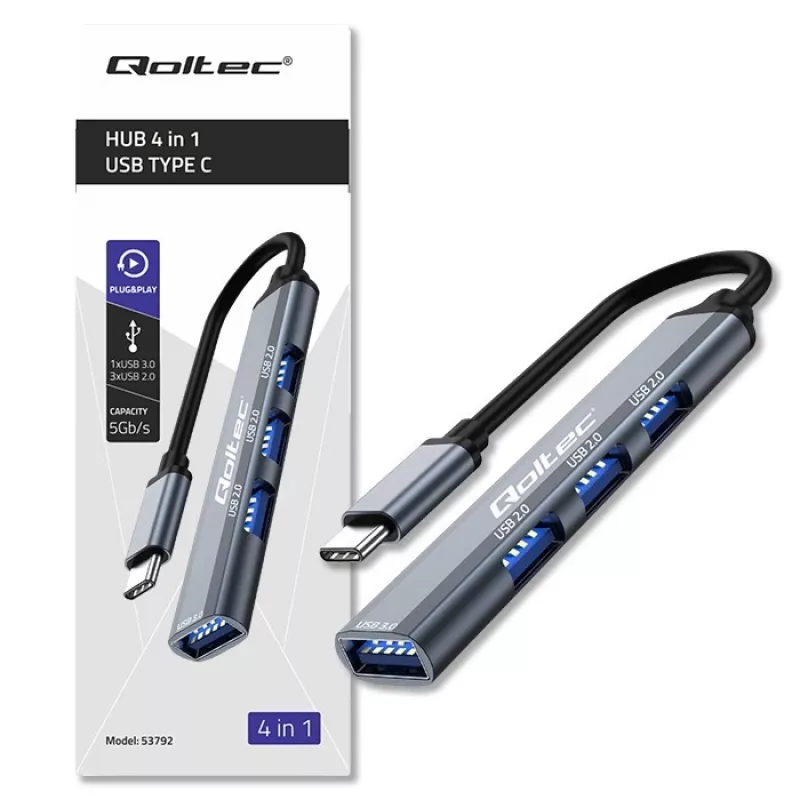 USB centrmezgls QOLTEC 53792, USB-C 3.1 uz 4 portiem (USB 3.0 x1, USB 2.0 x3)