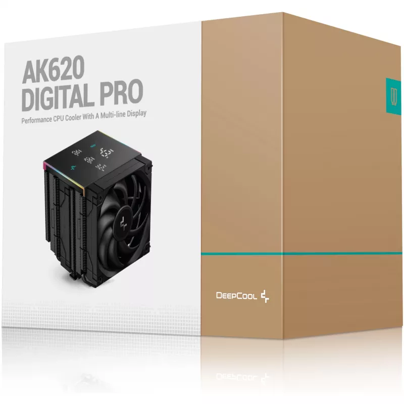Gaisa dzesētājs DeepCool AK620 Digital PRO — 120 mm ventilators, 1750 RPM, 25 dB, 12 V, piemērots LGA1700/AM5, melns