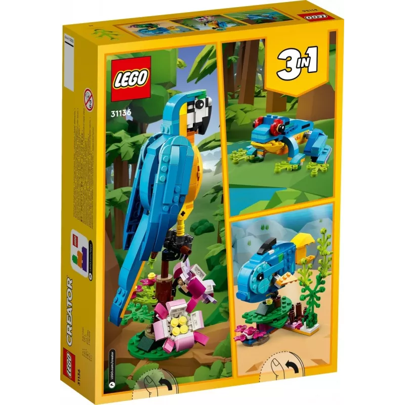 LEGO komplekts Exotic Parrot 31136 — Creator vitrīnas modelis, 253 detaļas, 220×120×110 mm