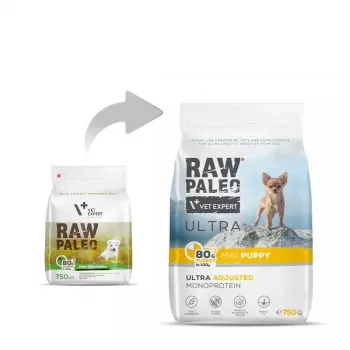 Sausā suņu barība VETEXPERT Raw Paleo Ultra Mini Puppy Turkey 750 g — mazu šķirņu junioru granulas, 30% olbaltumvielu, 14% tauku