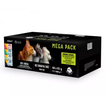 Mitrās kaķu barības paciņas PetRepublic 48 x 85 g — jauktas zivju un mājputnu garšas (lasis, vista, tuncis, menca, forele)