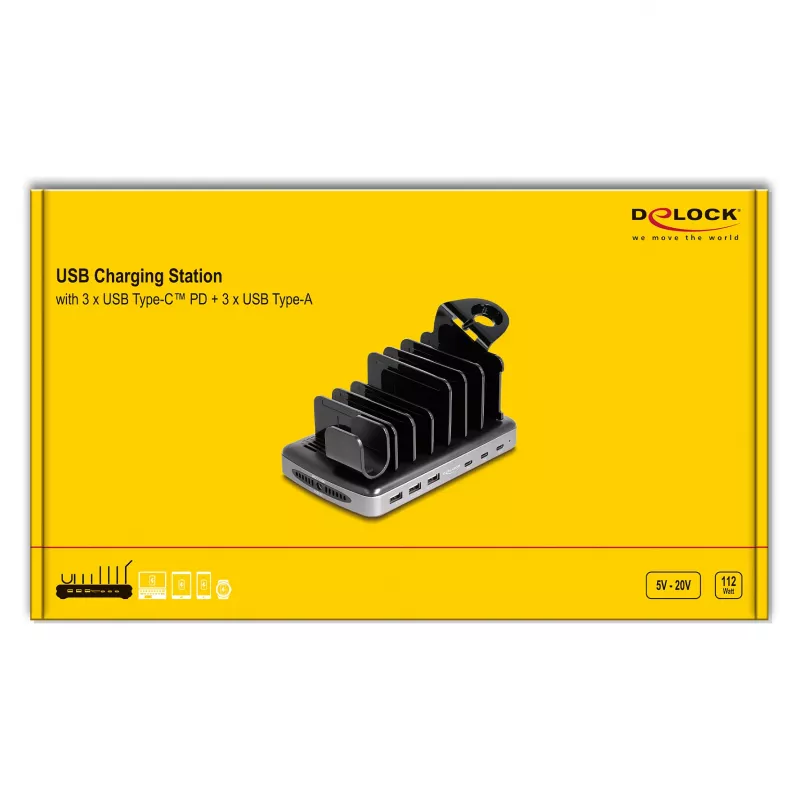 DeLOCK USB uzlādes stacija 3 x USB Type-C PD 3 x USB Type-A 112 W