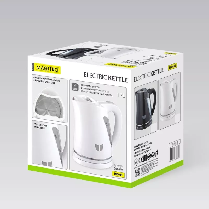 Elektriskā tējkanna Maestro MR-038-balta, 1,7 L, 2000 W, bezvada, automātiska izslēgšanās