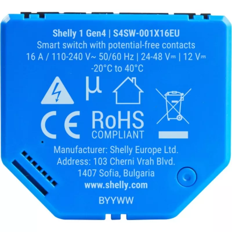 Viedais slēdzis Shelly 1 Gen4, bezvadu, 240 V maiņstrāva, Bluetooth 5.0/Wi‑Fi/ZigBee, plastmasas korpuss, 42×16×37 mm, komplektā 2 gab.