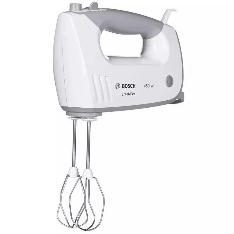 Rokas mikseris Bosch MFQ36480 – 450 W, 5 ātrumi ar turbo, pelēks/balts, putotāji un mīklas āķi