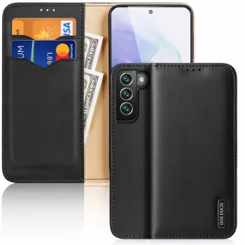 Dux Ducis Dux Ducis Hivo ādas maciņš ar atloku, dabīgās ādas kabatas futrālis kartēm un dokumentiem Samsung Galaxy S22+ (S22 Plus) melns