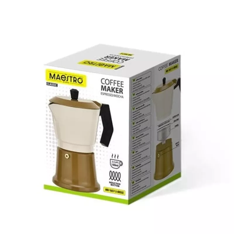 Alumīnija plīts virsmas moka katls Maestro MR-1657-3-BEIGE – 3 tasīšu espresso kafijas automāts, smilškrāsas