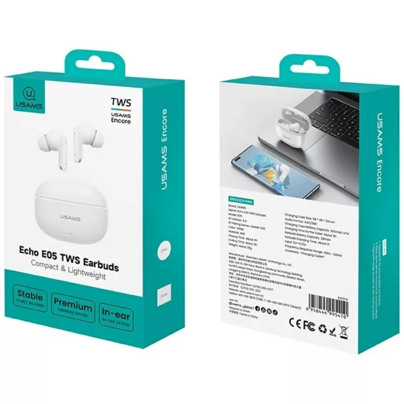 Bluetooth austiņas 6.0 E05 TWS baltas