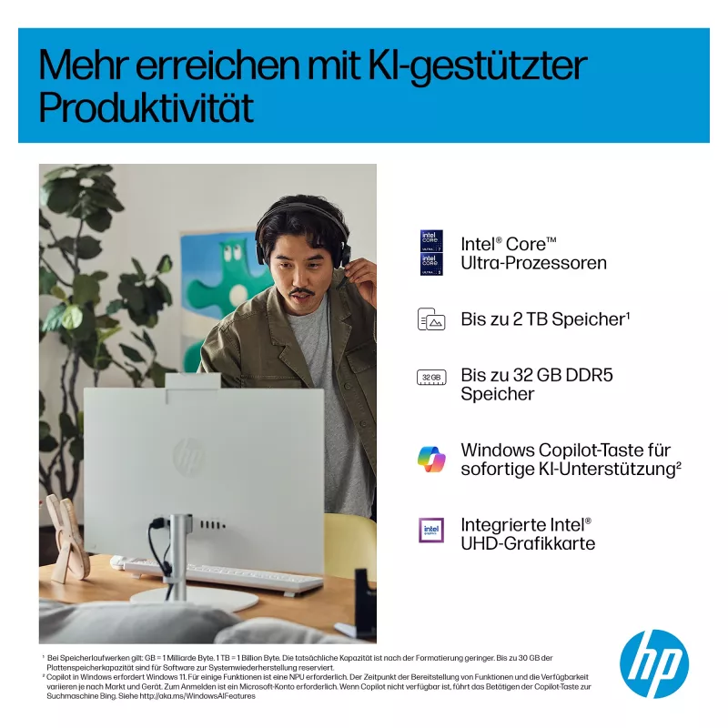 HP AI 27-cr2275ng - Viss vienā (pilnīgs risinājums) - Core Ultra 7 255U - RAM 16 GB - SSD 512 GB - NVMe - Intel Graphics - 1GbE, Bluetooth 5.3, Wi-Fi 6 - WLAN: 802.11a/b/g/n/ac/ax,