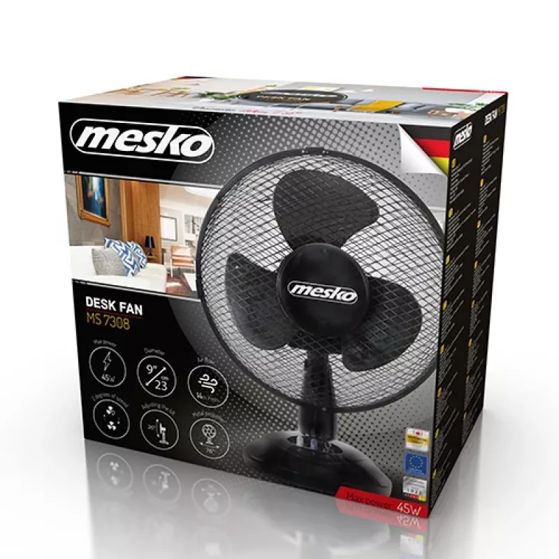Mesko | Ventilators | MS 7308 | Galda ventilators | Melns | Diametrs 23 cm | Ātrumu skaits 2 | Oscilācija | 30 W | Nē