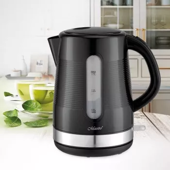 Elektriskā tējkanna Maestro 1,7 L 2200 W melna — plastmasas korpuss, pogas vāks, ergonomisks rokturis