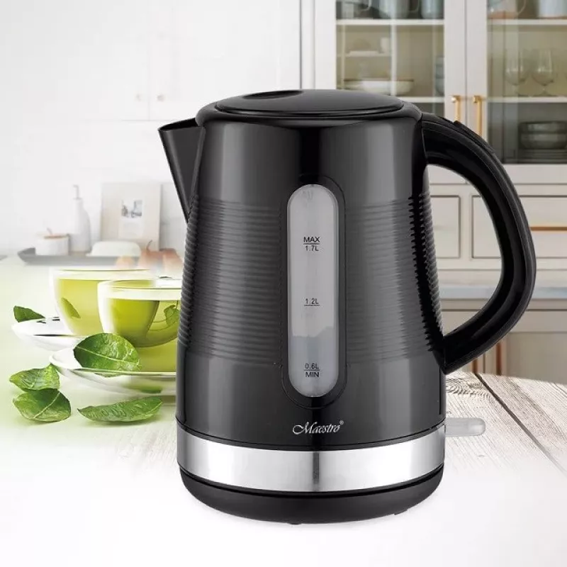 Elektriskā tējkanna Maestro 1,7 L 2200 W melna — plastmasas korpuss, pogas vāks, ergonomisks rokturis