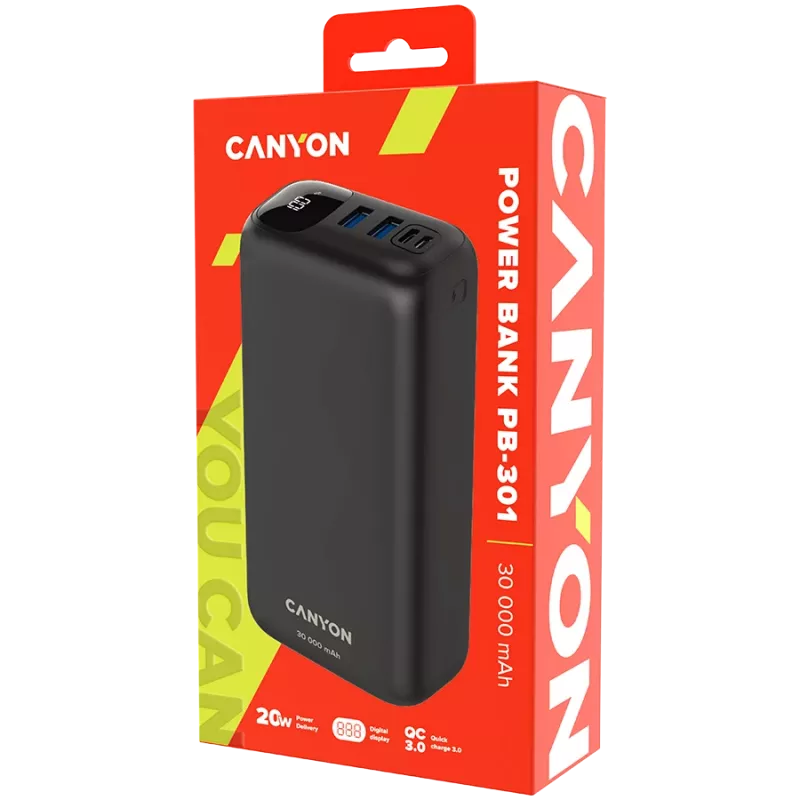 Canyon Powerbank PB-301 30000 mAh PD/QC/Displejs melns mazumtirdzniecība