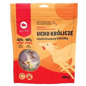 Zobu kopšanas kociņš suņiem MACED Duck with rabbit ear 500 g — ilgstoša dabīga kociņš, olbaltumvielas 50%, piemērots visām šķirnēm