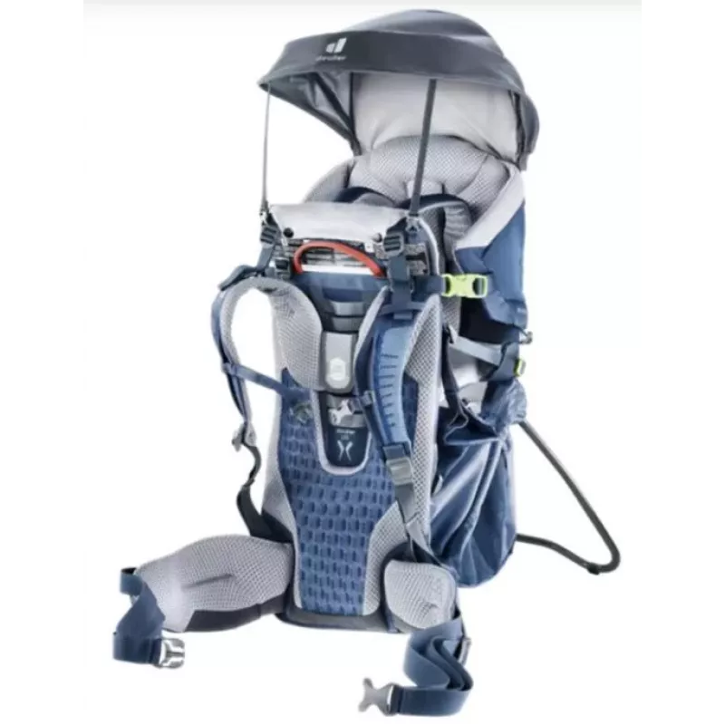 Bērnu pārnēsājamā mugursoma DEUTER Kid Comfort Active — zila, poliamīds, līdz 22 kg, saulessargs, kāju balsts, VariQuick, Lite Air