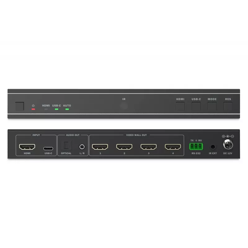 Video sienas kontrolieris DIGITUS DS-55358 — 4 displeji, līdz 4K (3840×2160) @30Hz, DisplayPort 1.2a, metāla korpuss, pogu vadība