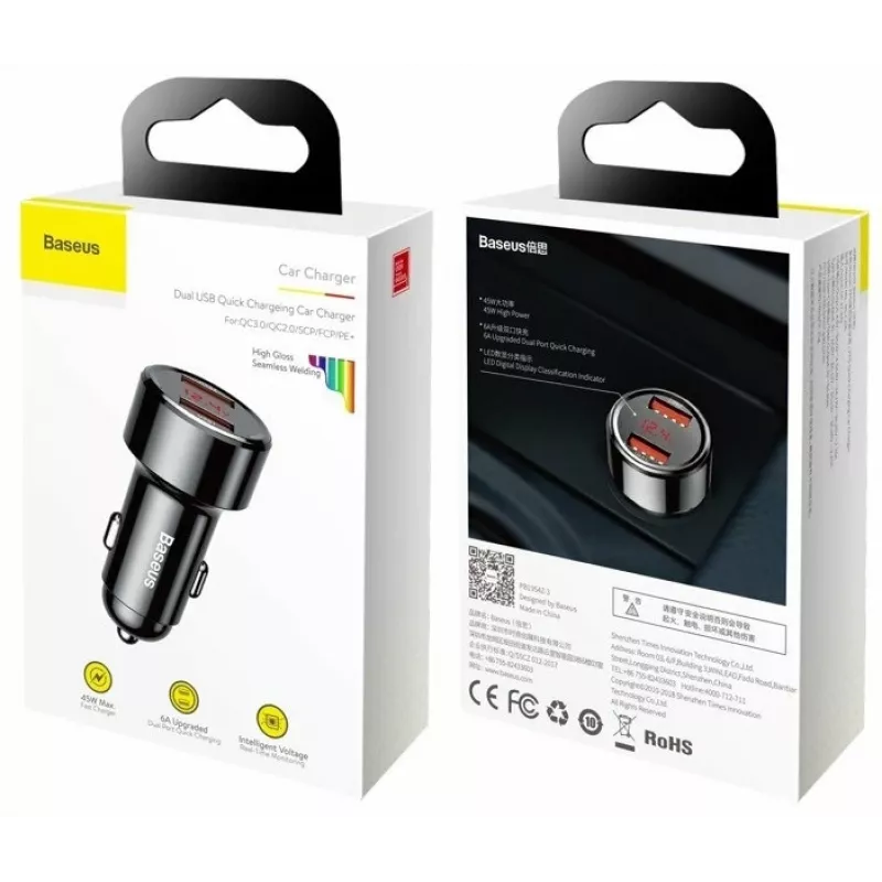 Auto USB ātrais lādētājs Baseus CCMLC20A-01 — viedtālruņiem, ieeja 12–24 V, izeja līdz 20 V, melns