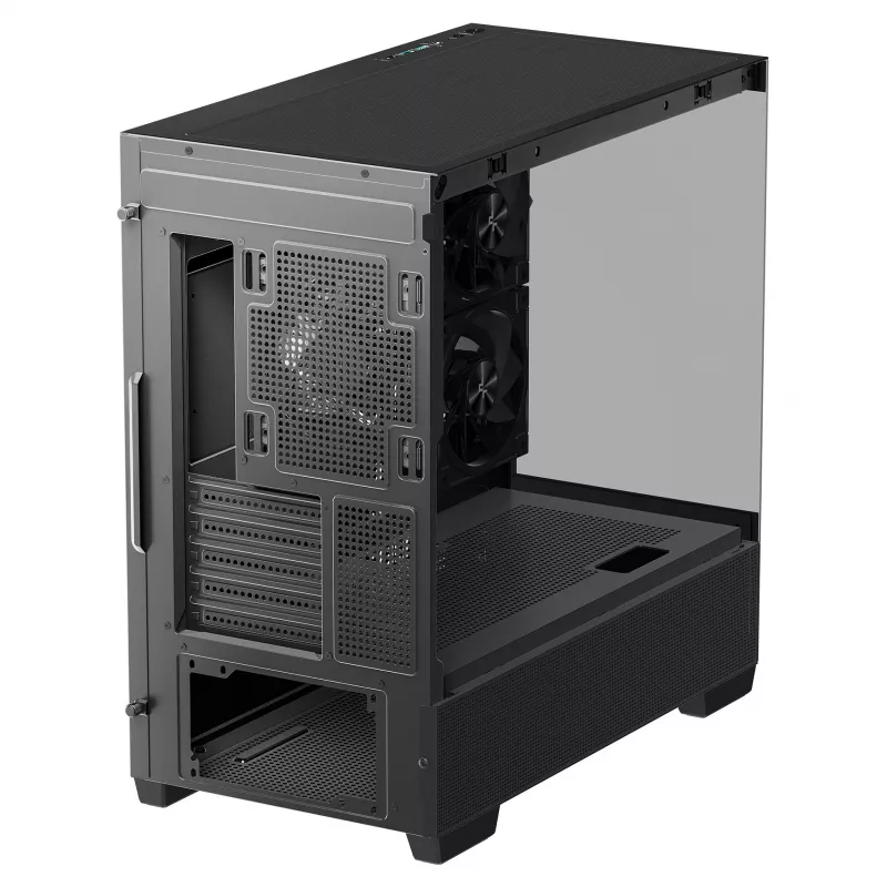 PC Midi Tower DeepCool CG380 3F — Melna, 235×437×451 mm, 2x120 mm sānu + 1x120 mm aizmugurējie ventilatori, apakšējais barošanas bloks, 2,5 collu/3,5 collu HDD
