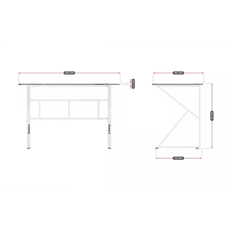 Spēļu galds huzaro Hero 1.6 Balts — taisns MDF/oglekļa galda virsma 1200×600 mm, metāla rāmis, 750 mm augstums
