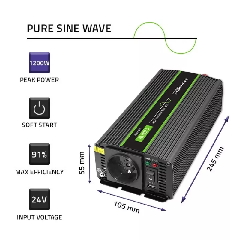 Auto invertors Qoltec Monolith 1200 W Melns 24 V